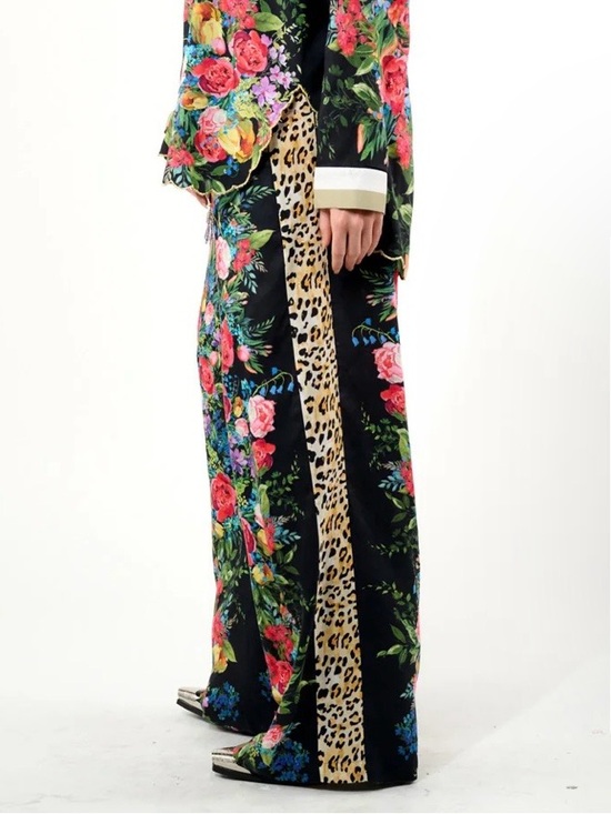 Aratta Silent Journey Pants - Wide-Leg Floral Pants with Leopard Stripe in Black. Retail $179 pants only